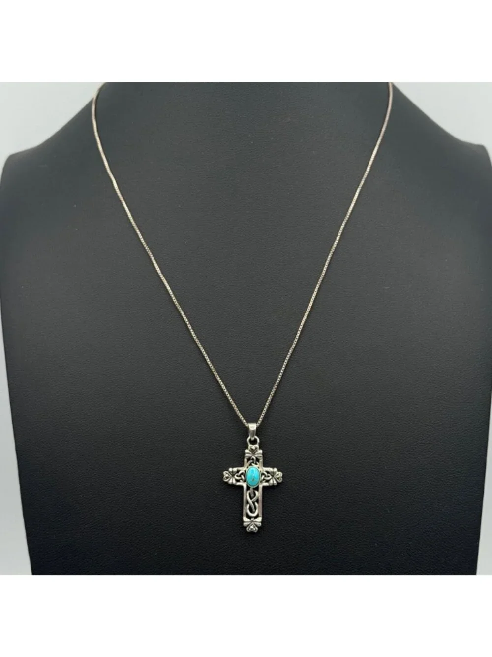 Vintage Irish Celtic Cross Sterling Pendant IRELAND Turquoise Box Chain 18